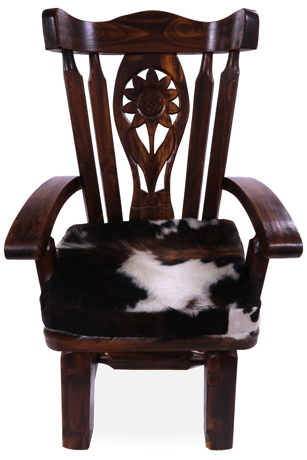 Reclaimed Wood Chair Handcarved Back Sunflower Removable Hair-On Cowhide Pillow