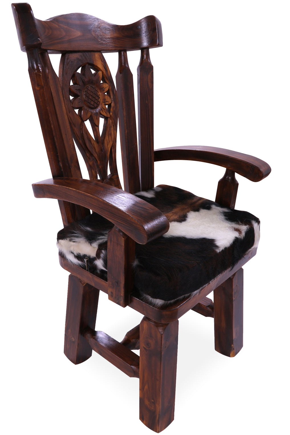 Reclaimed Wood Chair Handcarved Back Sunflower Removable Hair-On Cowhide Pillow