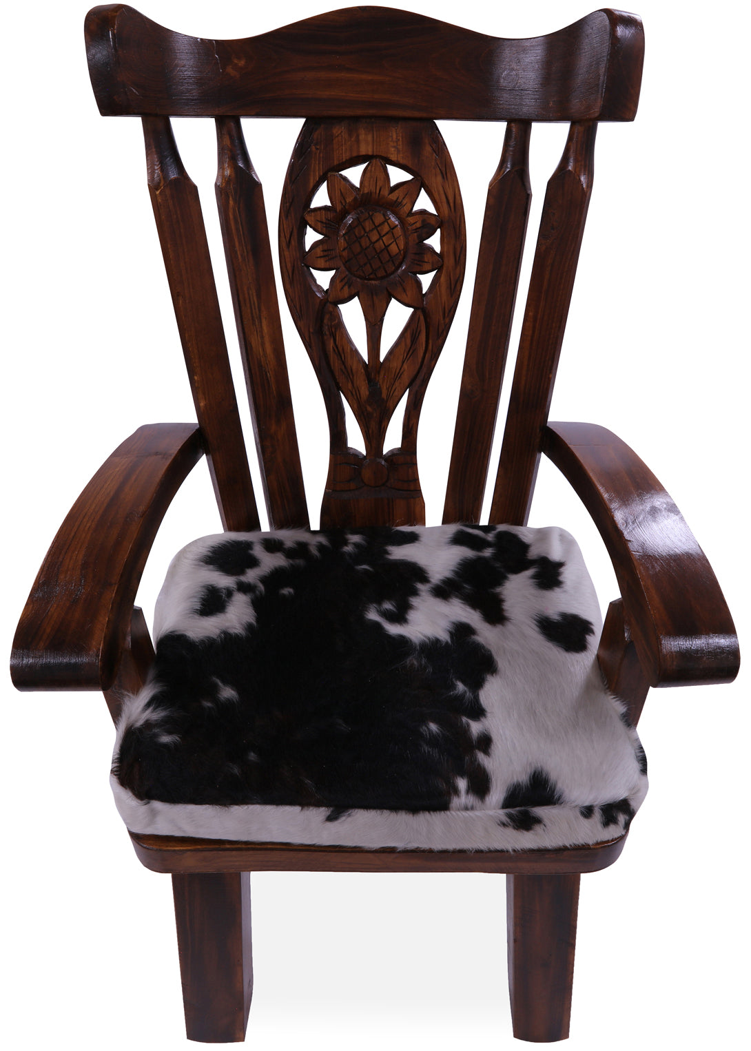 Reclaimed Wood Chair Handcarved Back Sunflower Removable Hair-On Cowhide Pillow