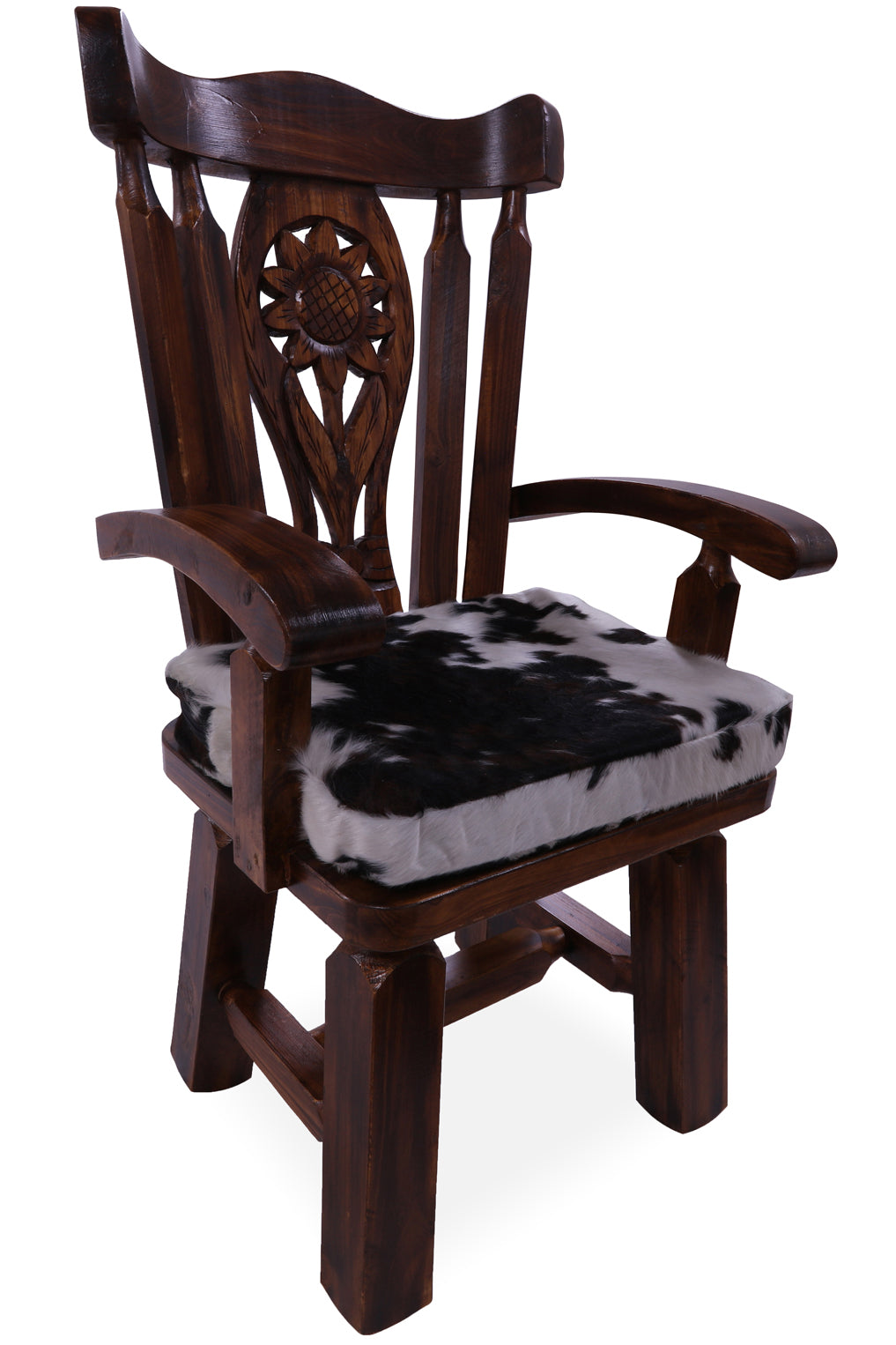 Reclaimed Wood Chair Handcarved Back Sunflower Removable Hair-On Cowhide Pillow