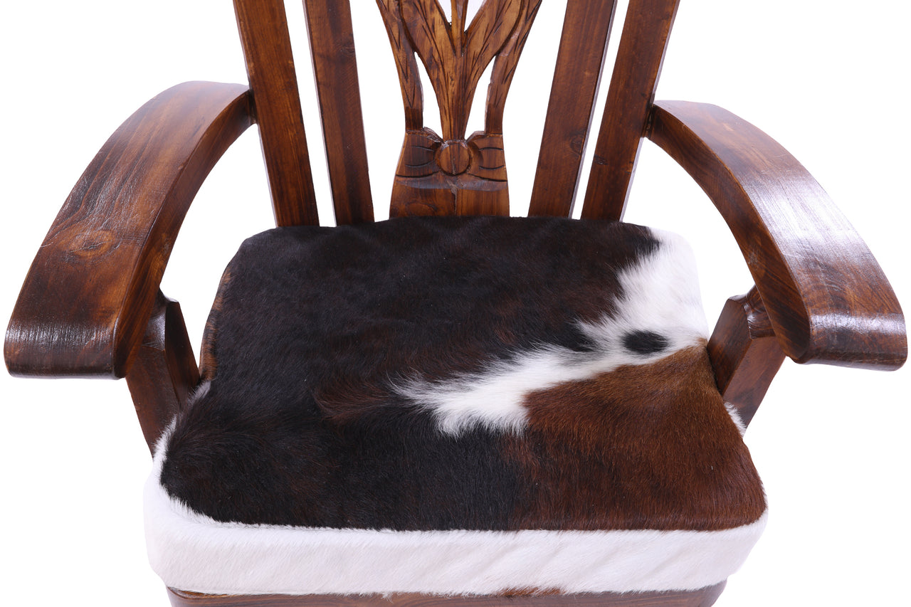 Reclaimed Wood Chair Handcarved Back Sunflower Removable Hair-On Cowhide Pillow