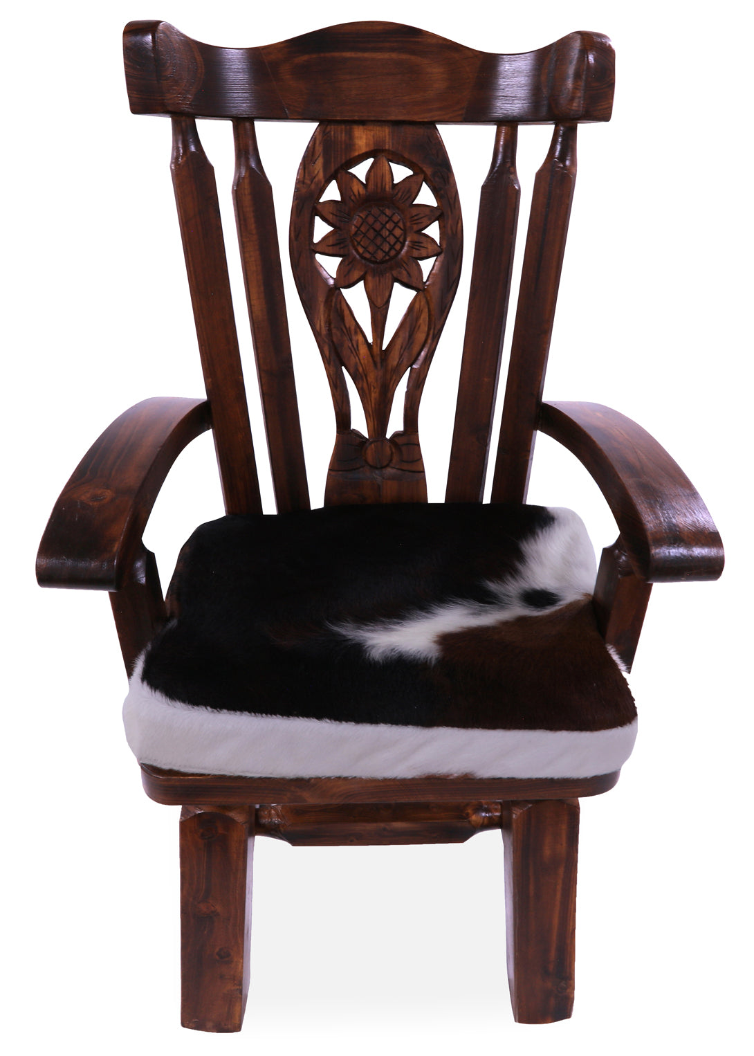 Reclaimed Wood Chair Handcarved Back Sunflower Removable Hair-On Cowhide Pillow