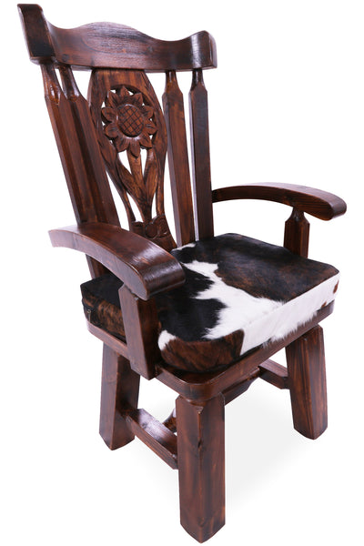 Reclaimed Wood Chair Handcarved Back Sunflower Removable Hair-On Cowhide Pillow