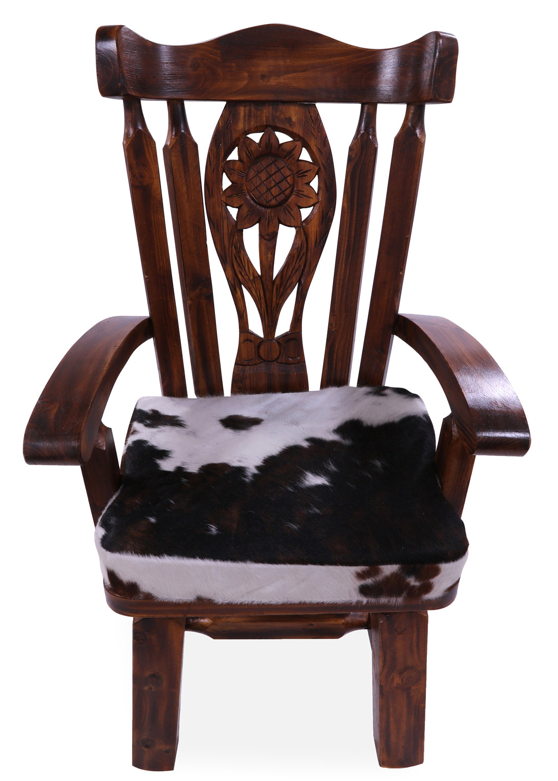 Reclaimed Wood Chair Handcarved Back Sunflower Removable Hair-On Cowhide Pillow