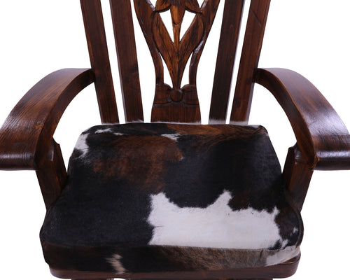 Reclaimed Wood Chair Handcarved Back Sunflower Removable Hair-On Cowhide Pillow