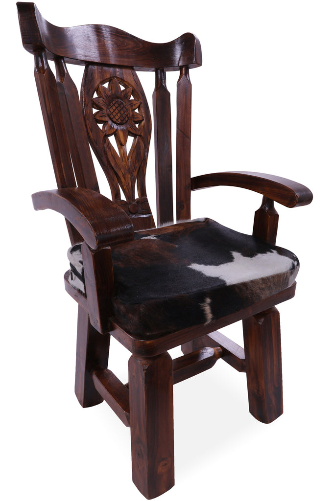 Reclaimed Wood Chair Handcarved Back Sunflower Removable Hair-On Cowhide Pillow