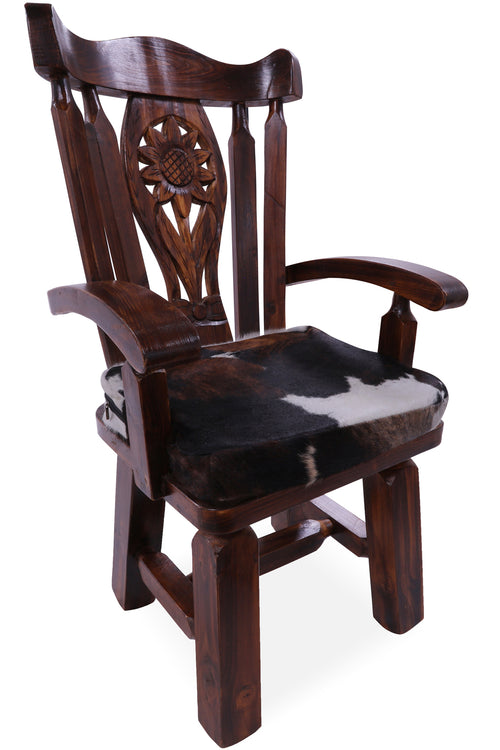 Reclaimed Wood Chair Handcarved Back Sunflower Removable Hair-On Cowhide Pillow