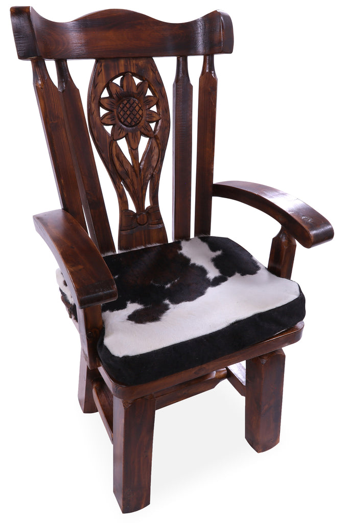 Reclaimed Wood Chair Handcarved Back Sunflower Removable Hair-On Cowhide Pillow