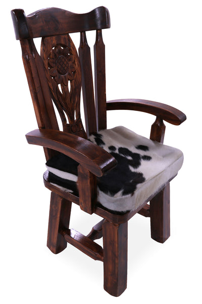 Reclaimed Wood Chair Handcarved Back Sunflower Removable Hair-On Cowhide Pillow