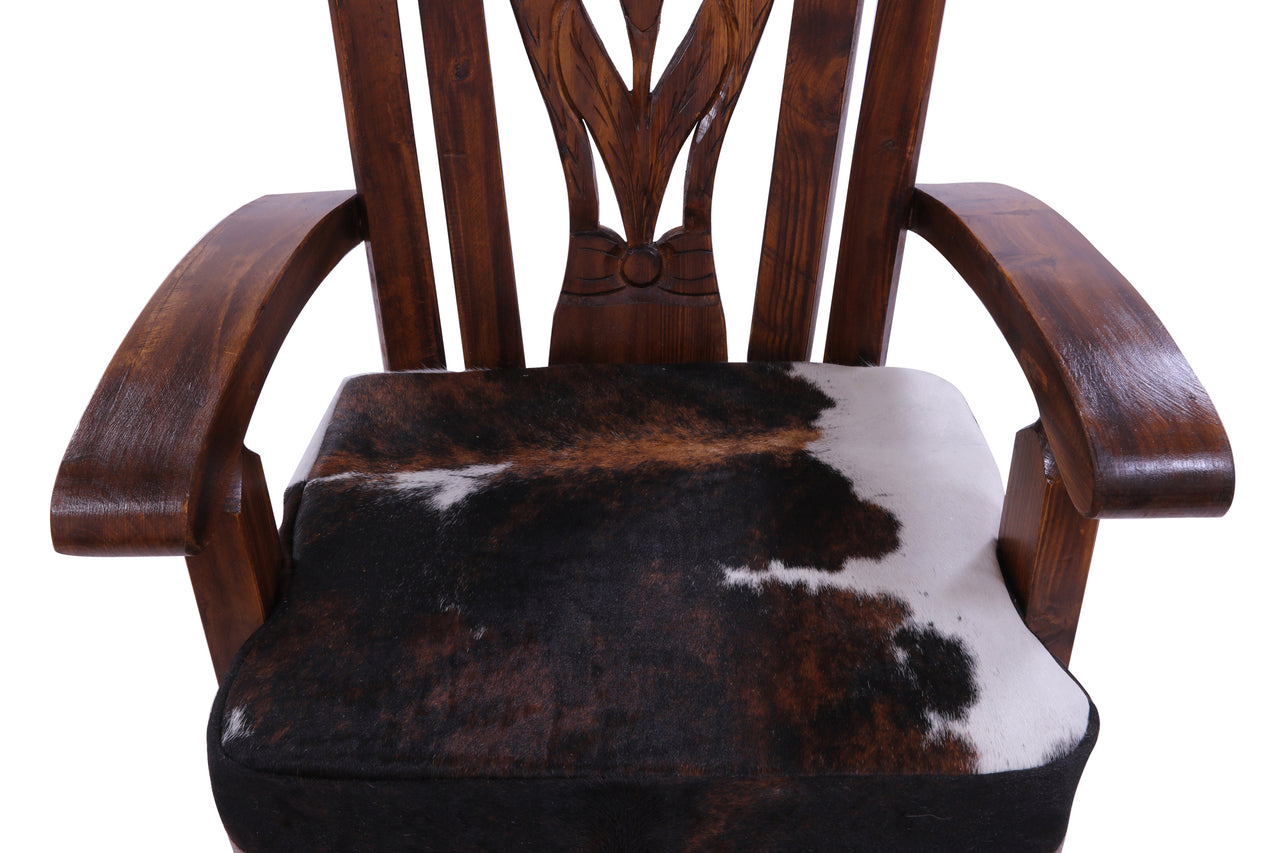 Reclaimed Wood Chair Handcarved Back Sunflower Removable Hair-On Cowhide Pillow