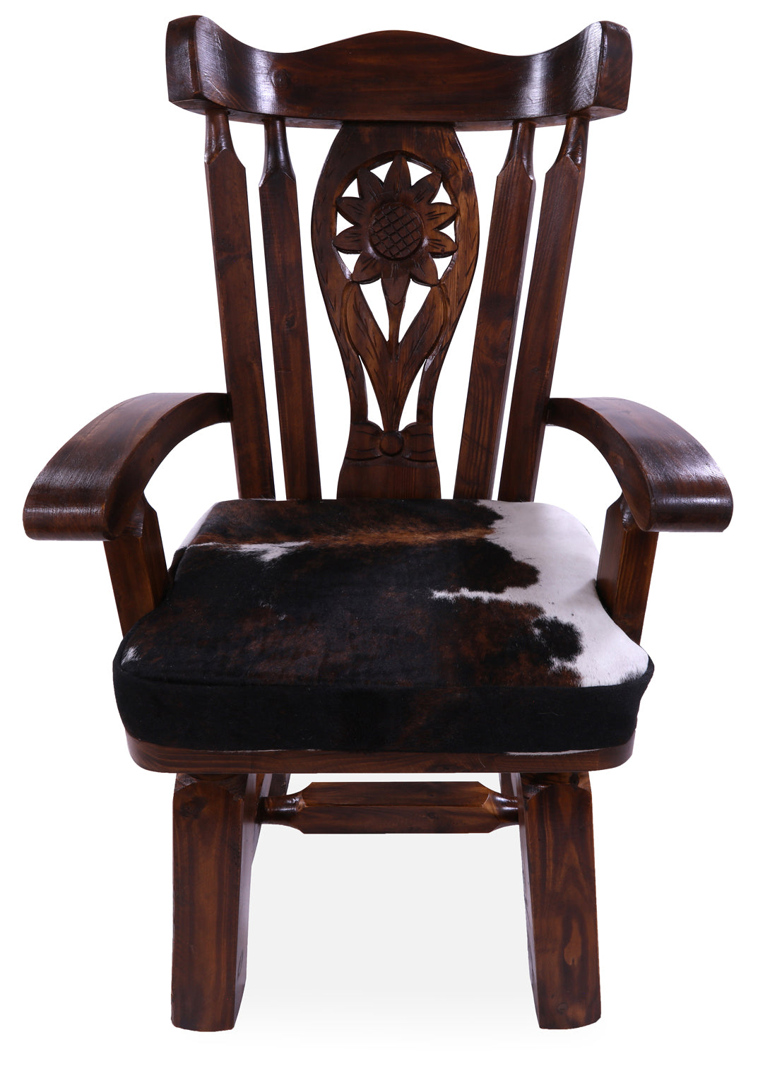 Reclaimed Wood Chair Handcarved Back Sunflower Removable Hair-On Cowhide Pillow