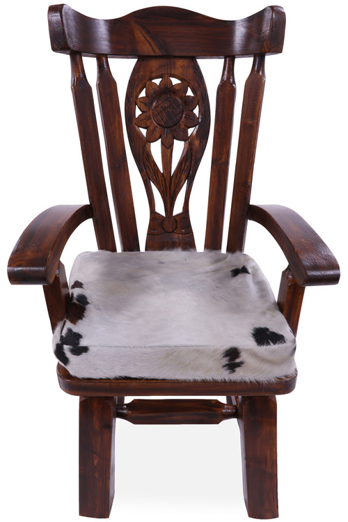 Reclaimed Wood Chair Handcarved Back Sunflower Removable Hair-On Cowhide Pillow