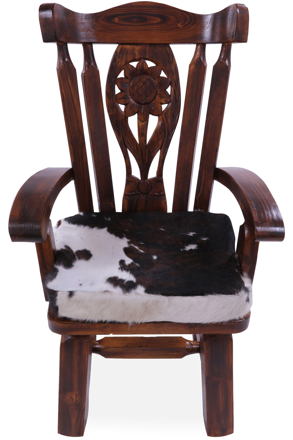 Reclaimed Wood Chair Handcarved Back Sunflower Removable Hair-On Cowhide Pillow