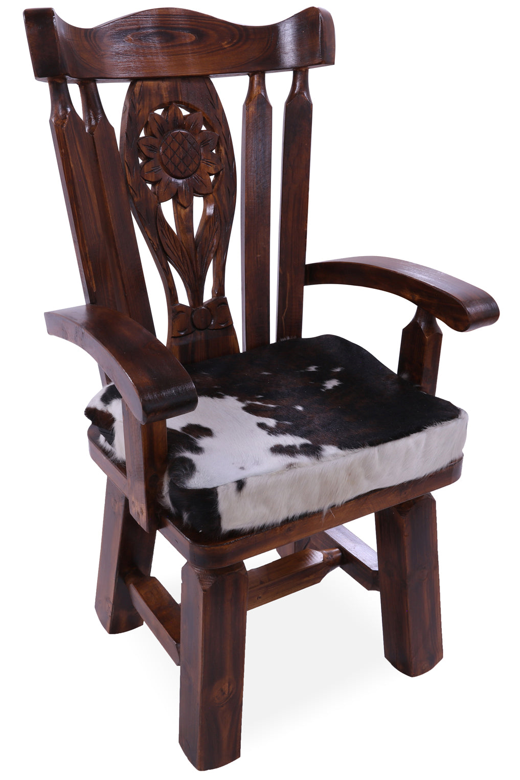 Reclaimed Wood Chair Handcarved Back Sunflower Removable Hair-On Cowhide Pillow