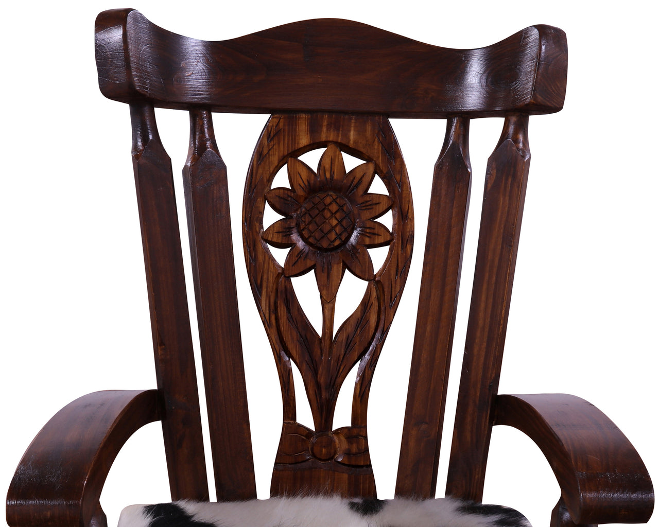 Reclaimed Wood Chair Handcarved Back Sunflower Removable Hair-On Cowhide Pillow