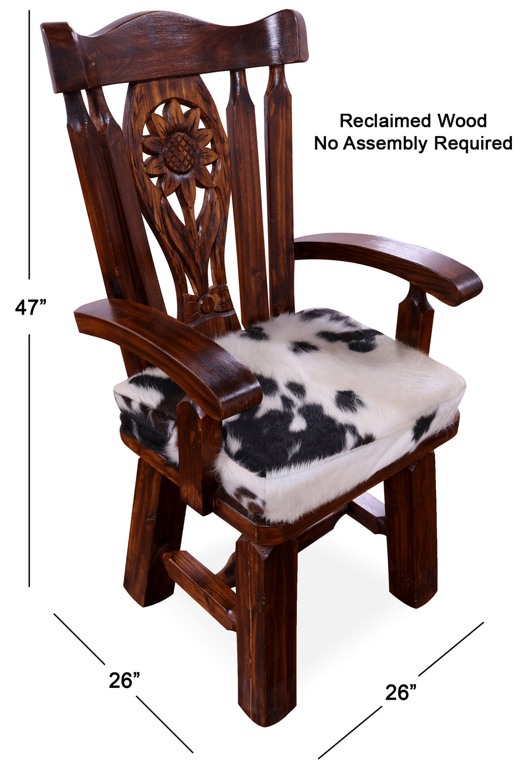 Reclaimed Wood Chair Handcarved Back Sunflower Removable Hair-On Cowhide Pillow