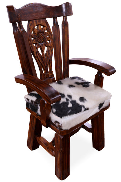 Reclaimed Wood Chair Handcarved Back Sunflower Removable Hair-On Cowhide Pillow