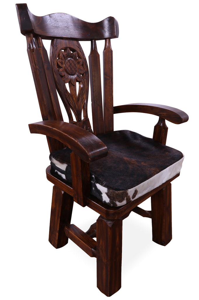 Reclaimed Wood Chair Handcarved Back Sunflower Removable Hair-On Cowhide Pillow