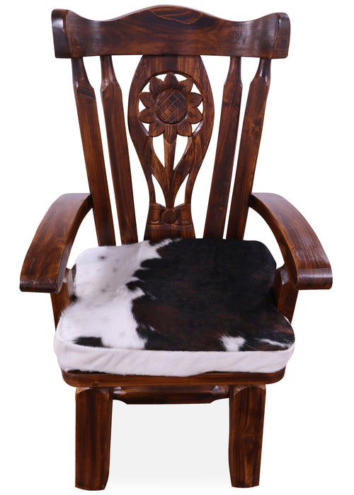 Reclaimed Wood Chair Handcarved Back Sunflower Removable Hair-On Cowhide Pillow