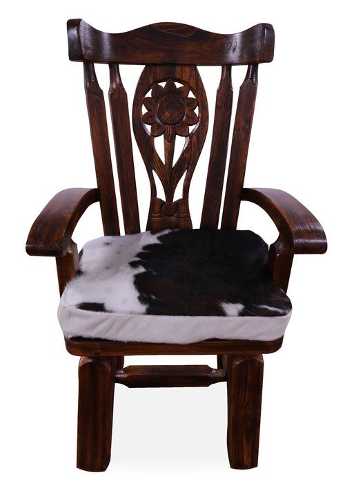 Reclaimed Wood Chair Handcarved Back Sunflower Removable Hair-On Cowhide Pillow