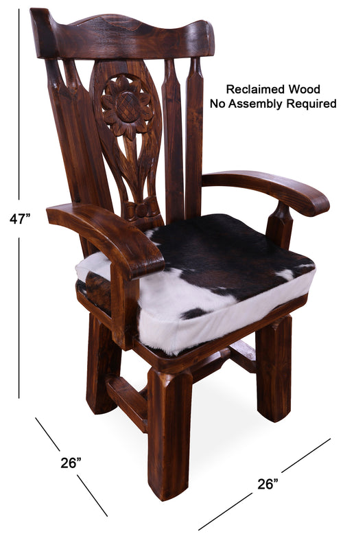 Reclaimed Wood Chair Handcarved Back Sunflower Removable Hair-On Cowhide Pillow