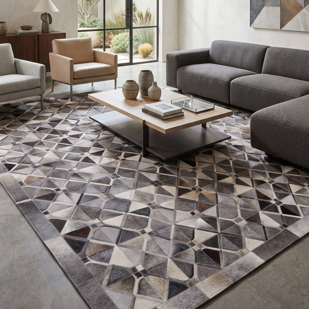 SUPER SALE Grey Square Patchwork Natural Cowhide Area Rug - 8' 0" x 8' 0"