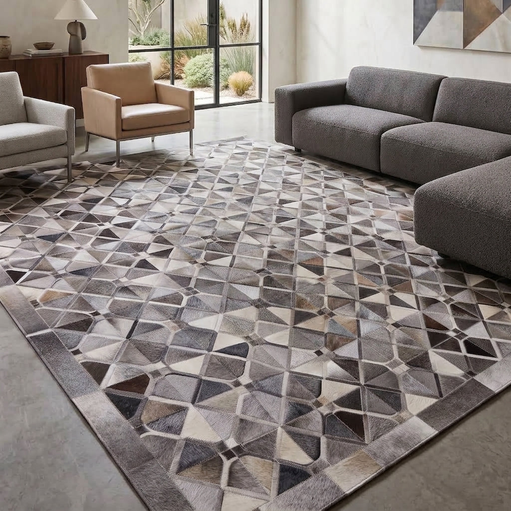 SUPER SALE Grey Square Patchwork Natural Cowhide Area Rug - 8' 0" x 8' 0"