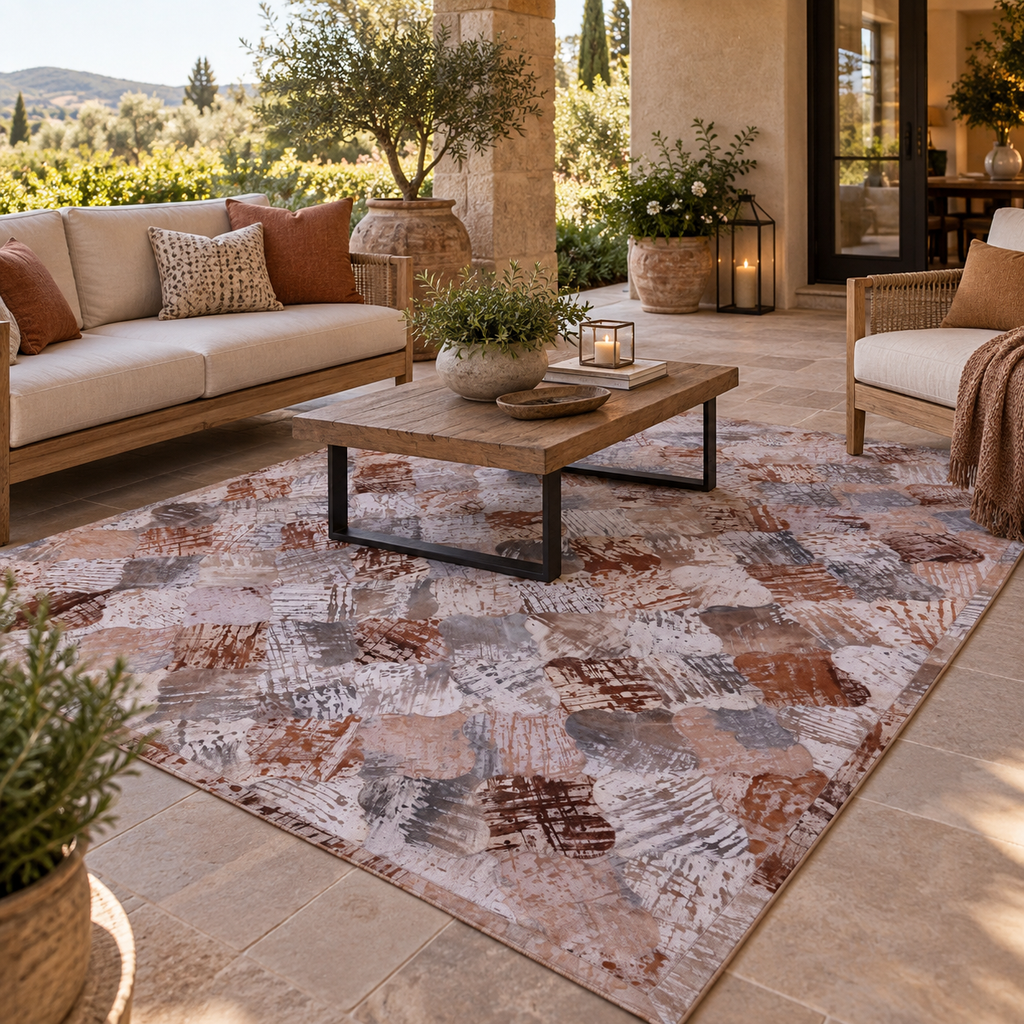 SUPER SALE Lantern Tile Patchwork Printed Natural Cowhide Area Rug - 6' 8" x 8' 2"