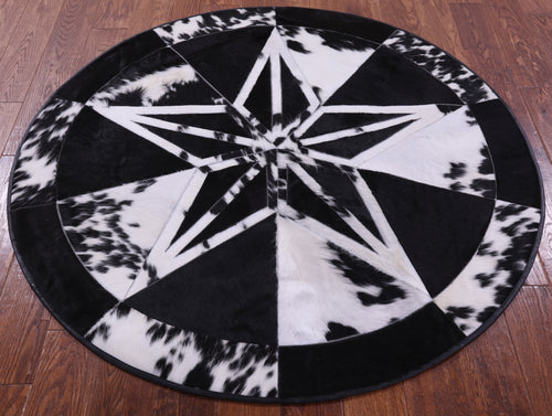 Black & White Round Star Patchwork Natural Cowhide Rug - 4' 9