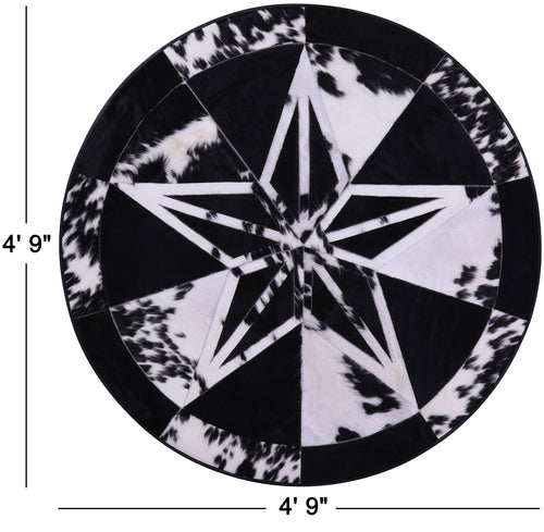 Black & White Round Star Patchwork Natural Cowhide Rug - 4' 9