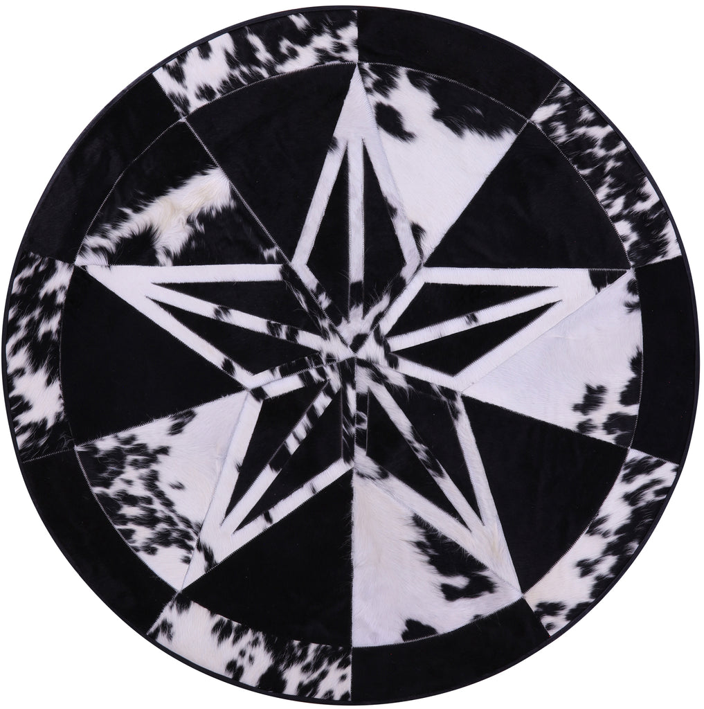Black & White Round Star Patchwork Natural Cowhide Rug - 4' 9" x 4' 9"