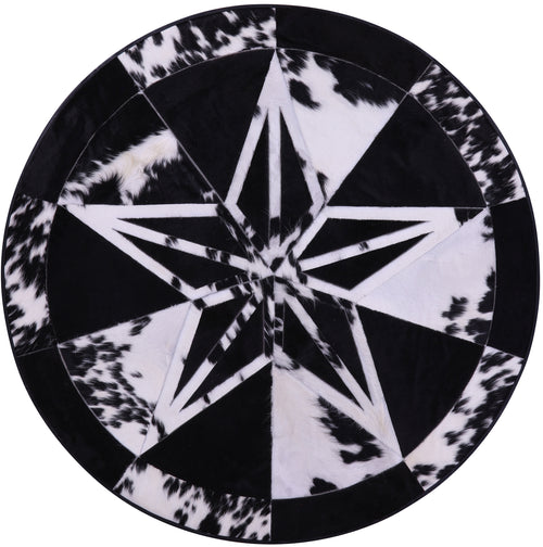 Black & White Round Star Patchwork Natural Cowhide Rug - 4' 9