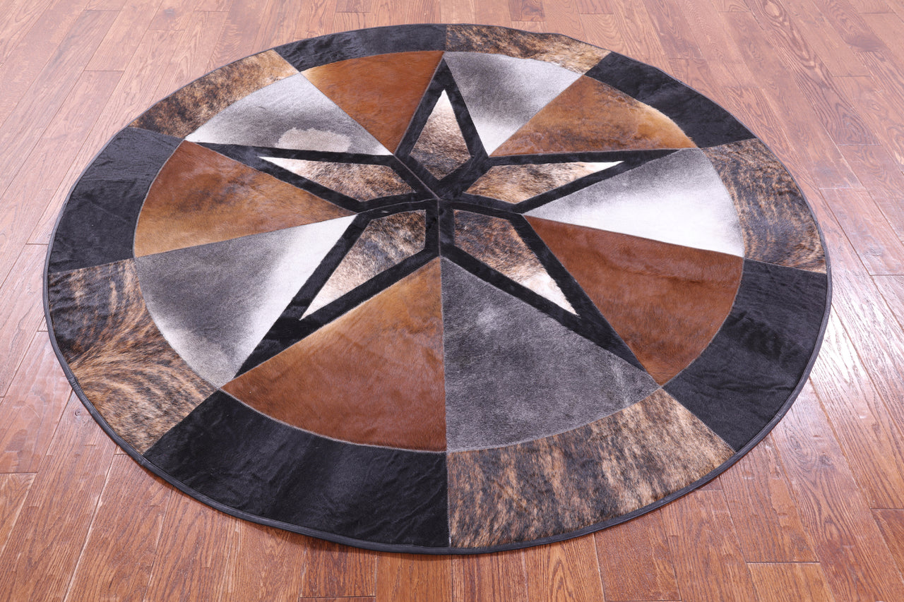 Tricolor Round Star Patchwork Cowhide Rug - 6' 5" x 6' 5"