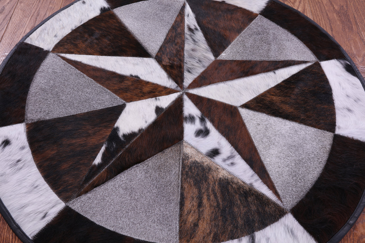 Tricolor Round Star Patchwork Cowhide Rug - 3' 1" x 3' 1"