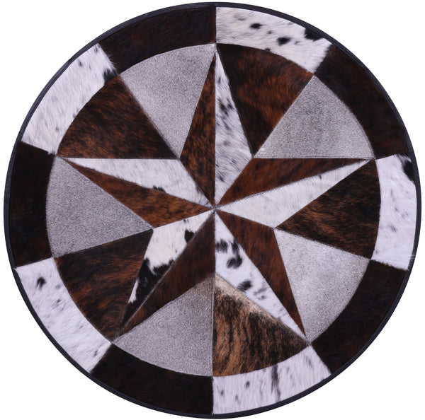 Tricolor Round Star Patchwork Cowhide Rug - 3' 1" x 3' 1"