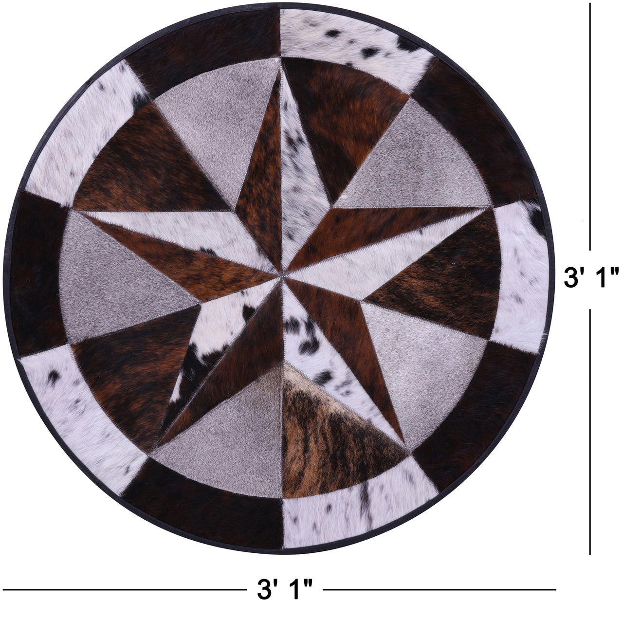 Tricolor Round Star Patchwork Cowhide Rug - 3' 1" x 3' 1"