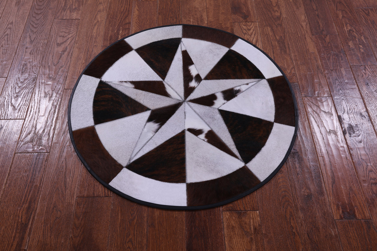 Brown & White Round Star Patchwork Cowhide Rug - 3' 2" x 3' 2"