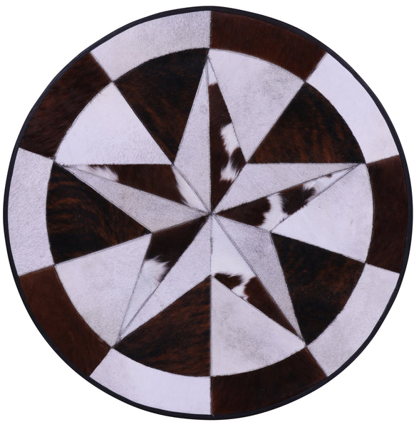 Brown & White Round Star Patchwork Cowhide Rug - 3' 2" x 3' 2"