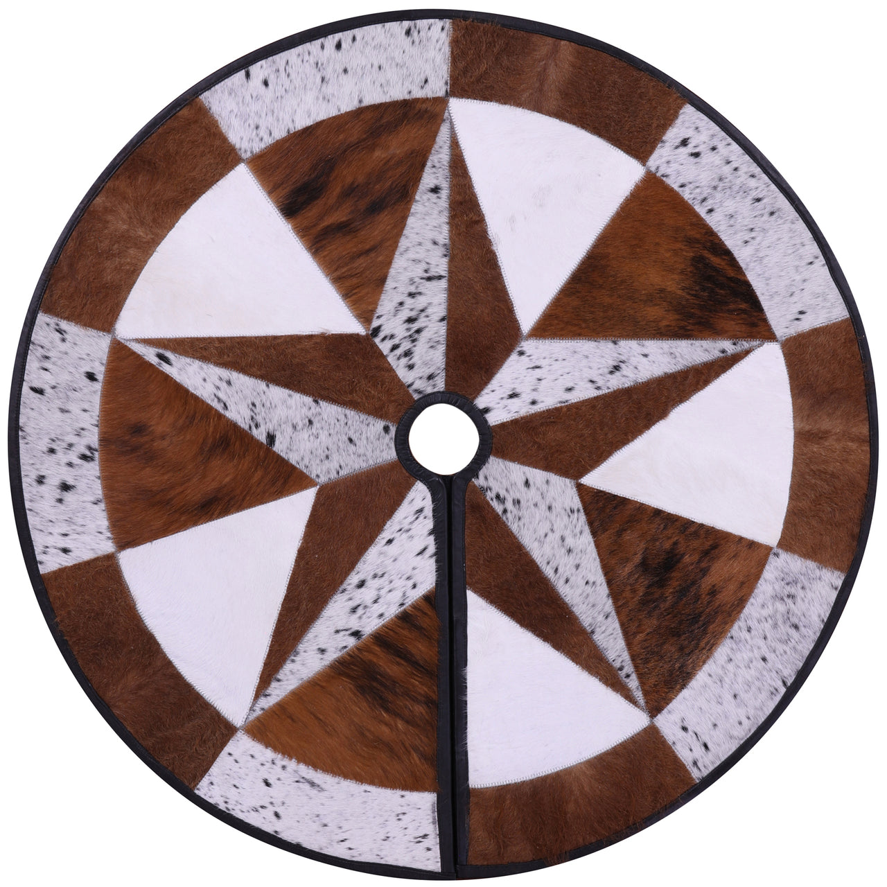 Brown & White Round Star Patchwork Cowhide Rug - 3' 2" x 3' 2"