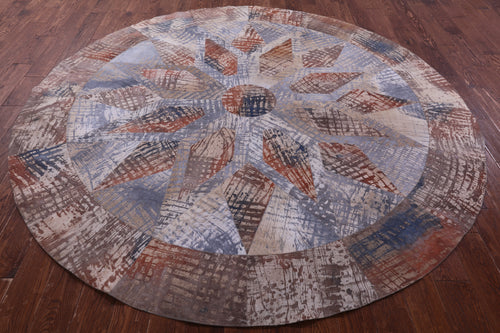 Abstract Round Patchwork Printed Natural Cowhide Rug - 8' 2