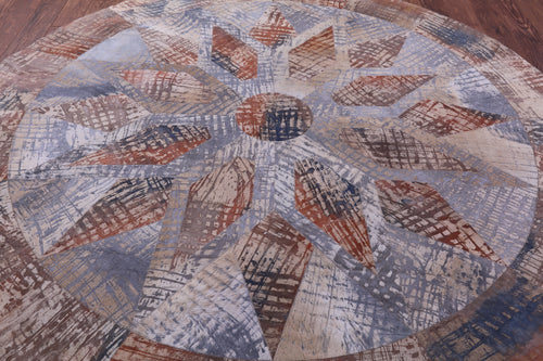 Abstract Round Patchwork Printed Natural Cowhide Rug - 8' 2