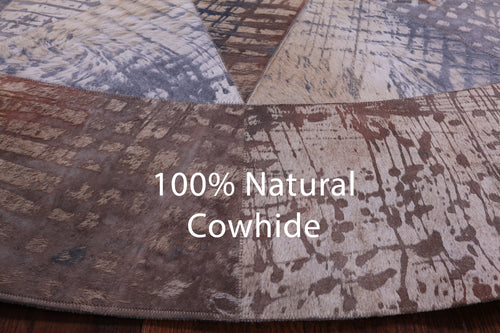 Abstract Round Patchwork Printed Natural Cowhide Rug - 8' 2