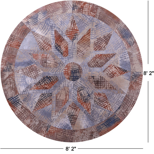 Abstract Round Patchwork Printed Natural Cowhide Rug - 8' 2