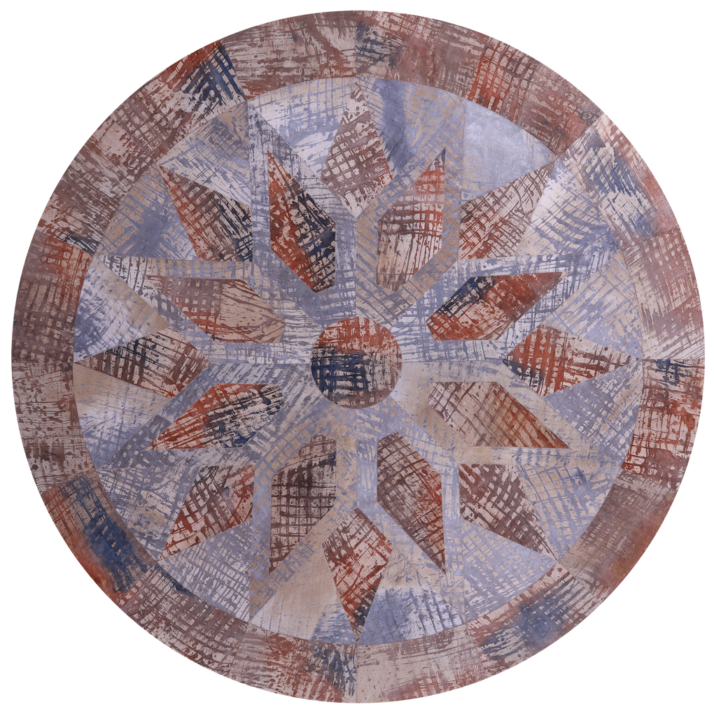 Abstract Round Patchwork Printed Natural Cowhide Rug - 8' 2" x 8' 2"