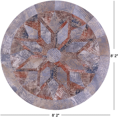 Abstract Round Patchwork Printed Natural Cowhide Rug - 8' 2
