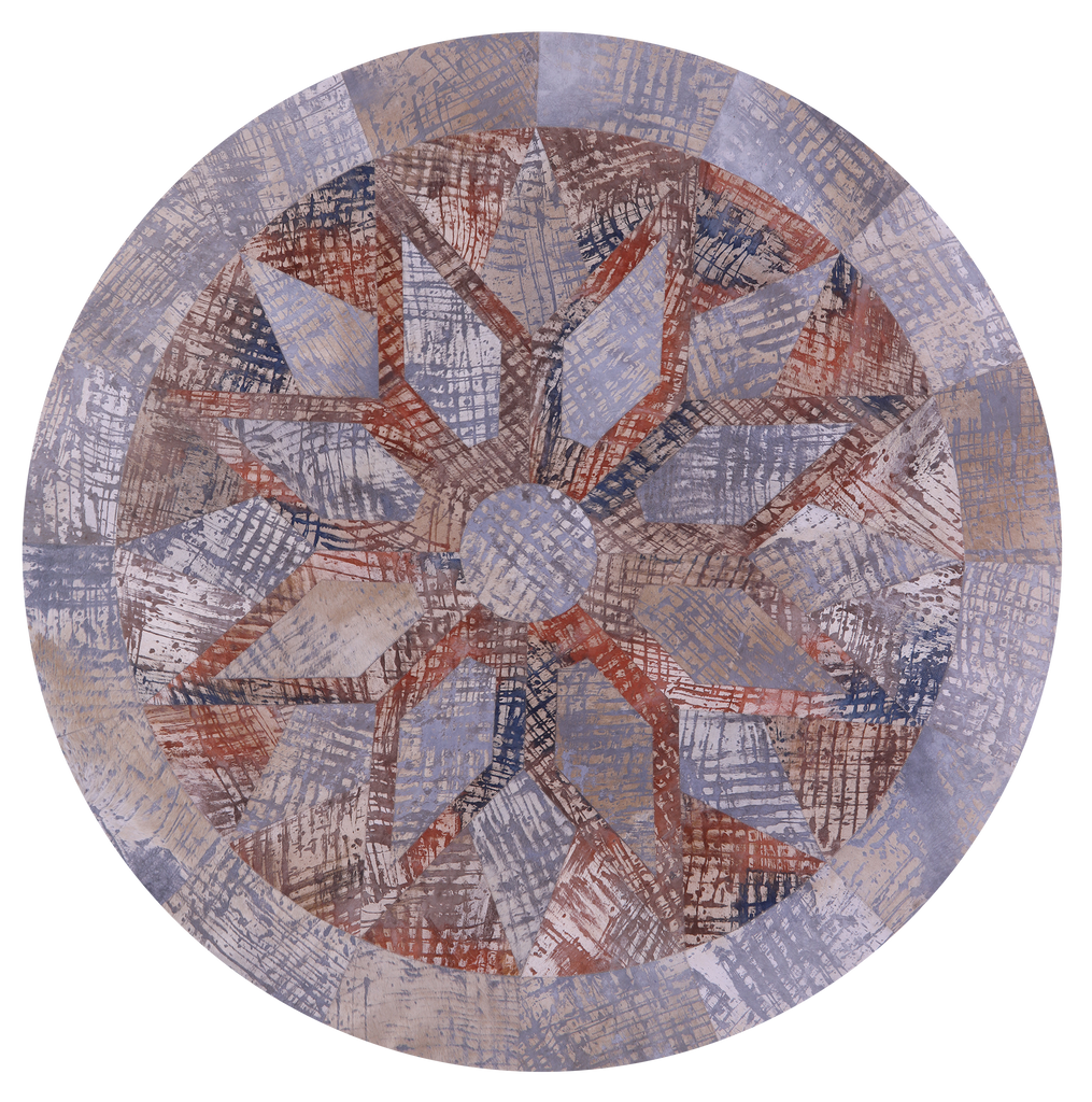 Abstract Round Patchwork Printed Natural Cowhide Rug - 8' 2" x 8' 2"