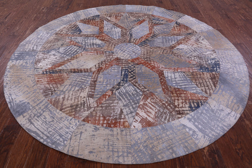 Abstract Round Patchwork Printed Natural Cowhide Rug - 8' 2