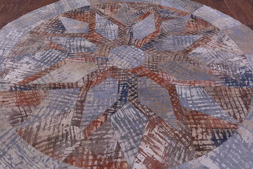 Abstract Round Patchwork Printed Natural Cowhide Rug - 8' 2