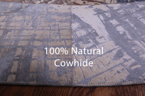 Abstract Round Patchwork Printed Natural Cowhide Rug - 8' 2