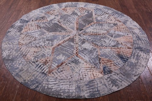 Abstract Round Patchwork Printed Natural Cowhide Rug - 6' 7